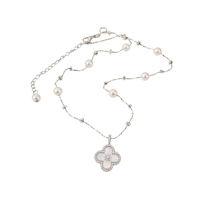 Korean-style ins-style beaded zircon clover flower pendant pearl necklace, light luxury niche collarbone chain necklace for women - view 8
