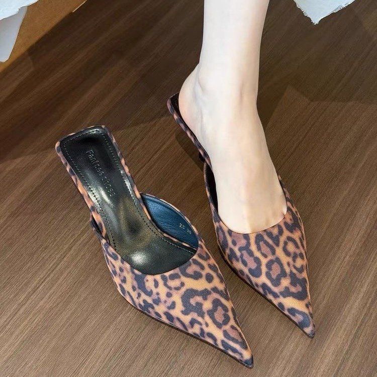 Leopard Print Pointed Toe Stiletto Heel Mule Sandals Women Slip On Backless Party Dress High Heels - view 3