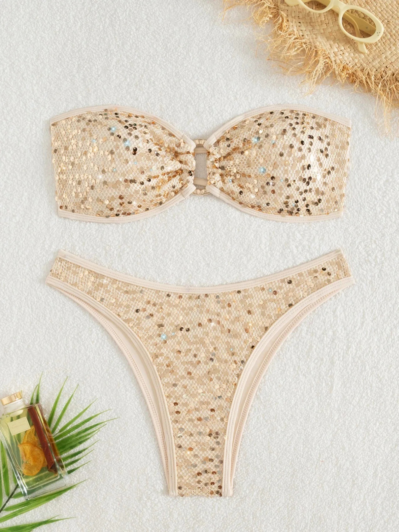 Sexy Bandeau Bikini 2026 Women Shiny Sequin Front Ring Push Up Micro Swimsuit Summer Pink Bathing Suit Thong Swimwear Biquini 260622 - view 4