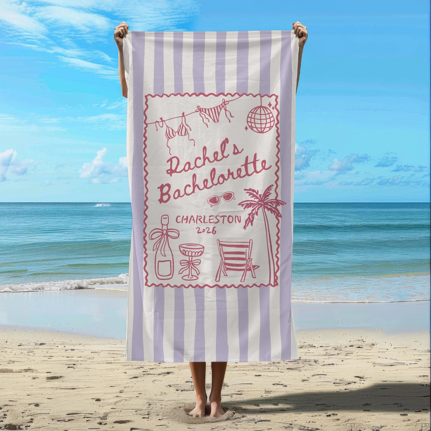 Pink Stripe Bachelorette Beach Towel Cute Coastal Bachelorette Party Summer Beach Towel 260622 - view 4