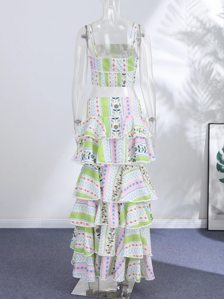 Vacation Floral Printed Cascading Ruffle Skirt Sets Women Sleeveless Sling Top Cake Long Skirts 2026 Summer Holiday Sweet Outfit 260618 - view 7