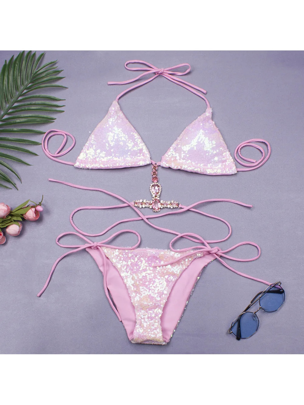 2026 summer sequin rhinestone chain girl bikini set with neck strap swimsuit niche light y sexy seaside vacation 260622 - view 6