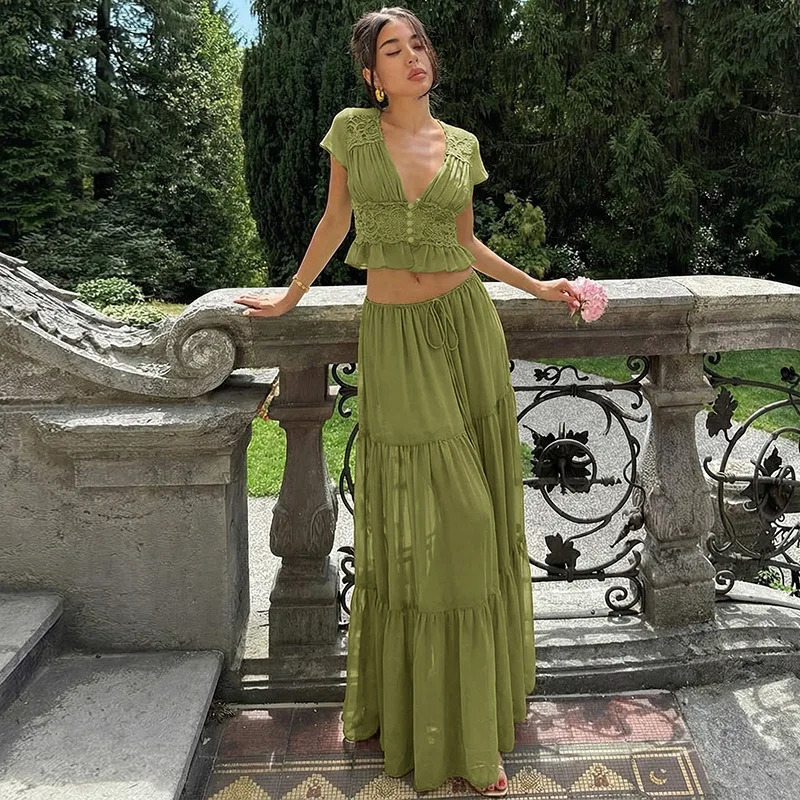 Cryptographic Womens Boho 2 Piece Outfits Green Chiffon Lace Patchwork Crop Top Maxi Skirt Sets Casual Lazy Beach Vacation 260618 - view 3