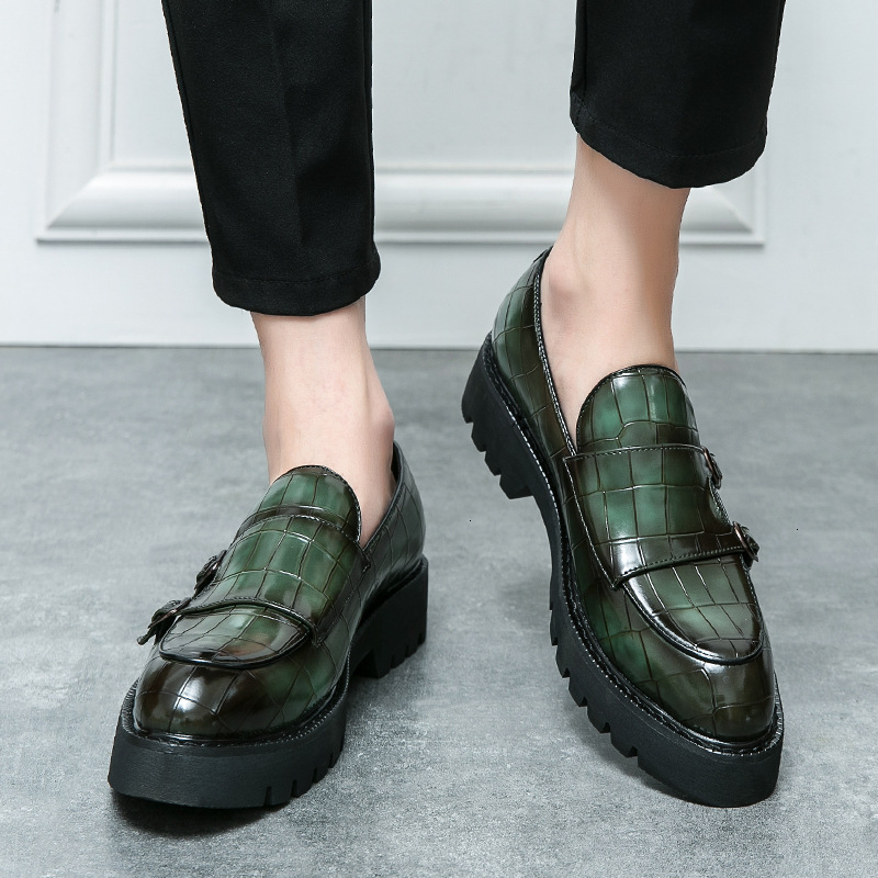 Mens Black Croc Platform Loafers Metal Buckle Designer Shoes Strap For Office Formal Wear - view 5