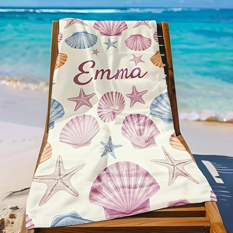 Beach Towel with Customizable Name - Shell and Starfish Print Super Soft Quick Drying Lightweight Absorbent Modern Style 260622 - view 4