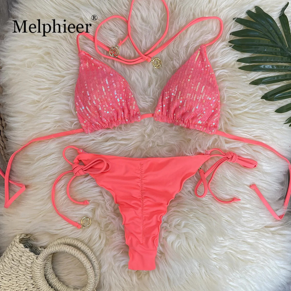 Melphieer Swim 2pcs Womens Summer Beach Holiday Ruching Bum Sequins Sparkle Glitter Plain Halter Strap Bikini Swimwear Set 260622