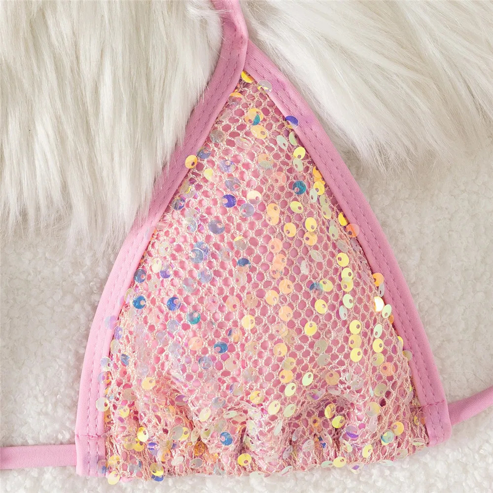 Pink Mesh Sequin Halter String Triangle Bikini Damen Micro Thong Sexy Swimsuit Women 2026 Bathing Suits Swimwear Bikinis Sets 260622 - view 4