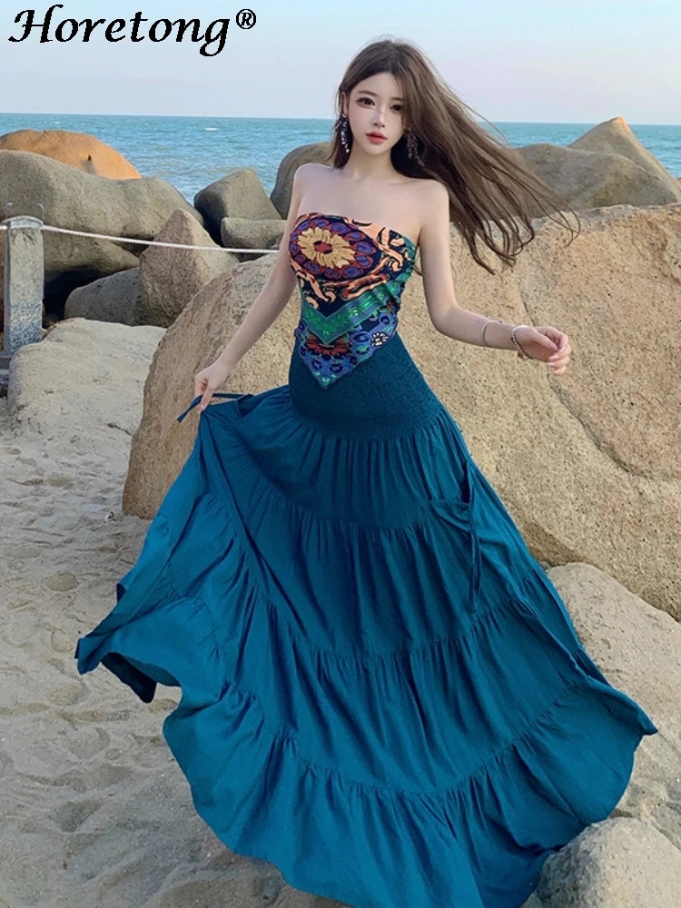 Womens 2 Piece Set Sexy Boho Print Tube Top High Waist Tiered Maxi Skirt Summer Elegant Beach Vacation Flowy Casual Outfit 260618 - view 7