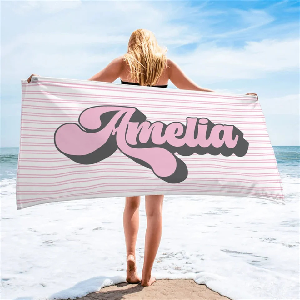 Retro Personalized Beach Towel Striped Custom Pool Towel Family Vacation Birthday Gift Bridesmaid Towel Hippi 70s Kids Pool 260622 - view 3