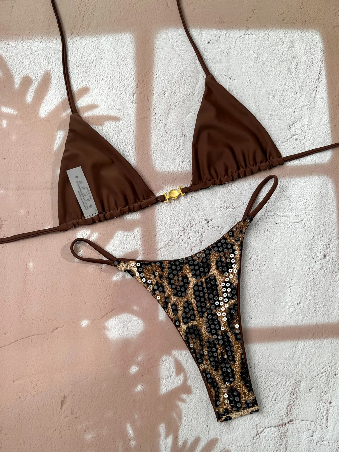 Shiny Sequin Coffee Leopard Print Bikini Set Women Halter Push Up Bra Triangle Swimsuit 2026 Beach Bathing Suit Holiday Swimwear 260622 - view 3