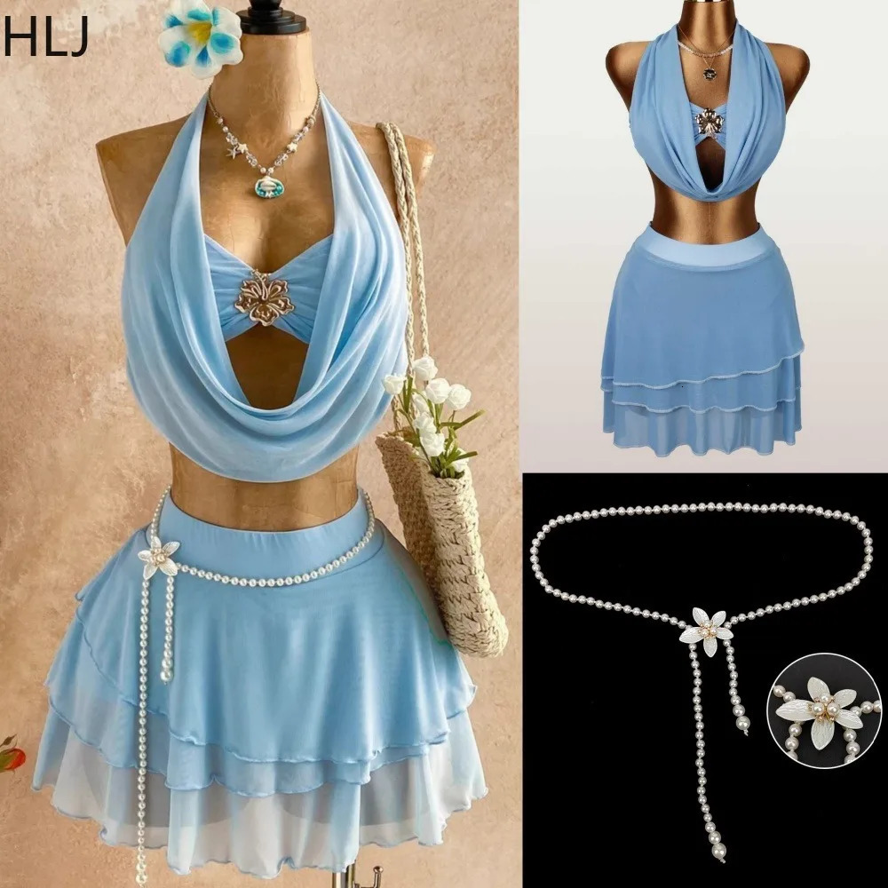 HLJ Women 3 Piece Light Blue Beach Outfit Set Halter Mesh Crop Top Tiered Mini Skirt Pearl Waist Chain Boho Y2K Summer 2026 260618