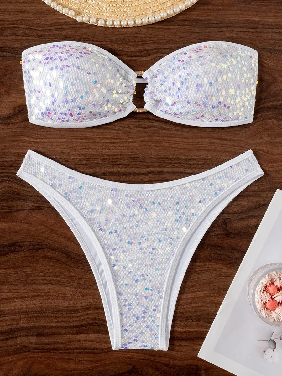 Sequins Shiny Mesh Bandeau Bikini Female Swimsuit Women Swimwear Two-pieces Bikini Set Brazilian Bather Bathing Suit Swim Lady 260622 - view 4