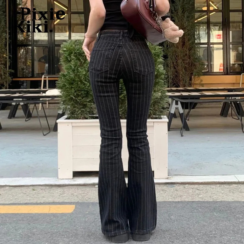PixieKiki 2000s Clothes Y2k Low Rise Boot Cut Jeans Woman Casual Black Striped Denim Trousers Streetwear Flare Pants P77-FC43 260624 - view 5