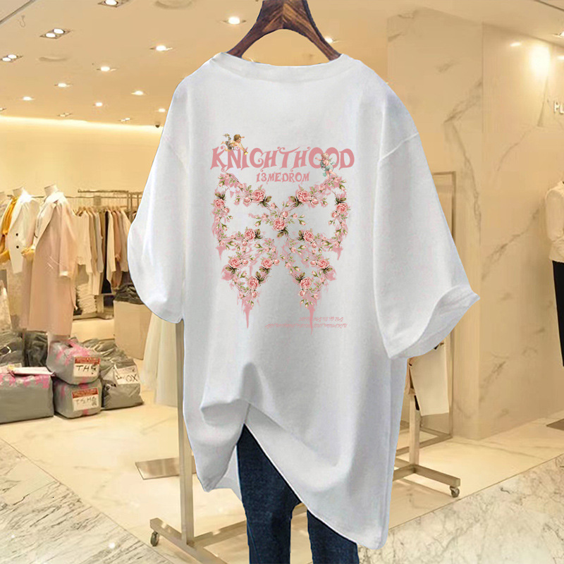 Hip Covering Length Women S Summer White T Shirt Medium Long Loose Plus Size Printed Pure Cotton With Bow Detail - view 3