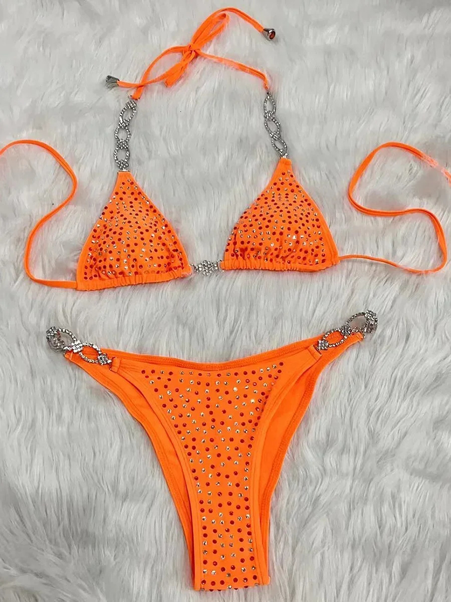Shiny Sequins Rhinestone Bikini Women Swimwear Female Swimsuit Two-pieces Bikini set Metal Chain Halter Bather Bathing Suit Swim 260622