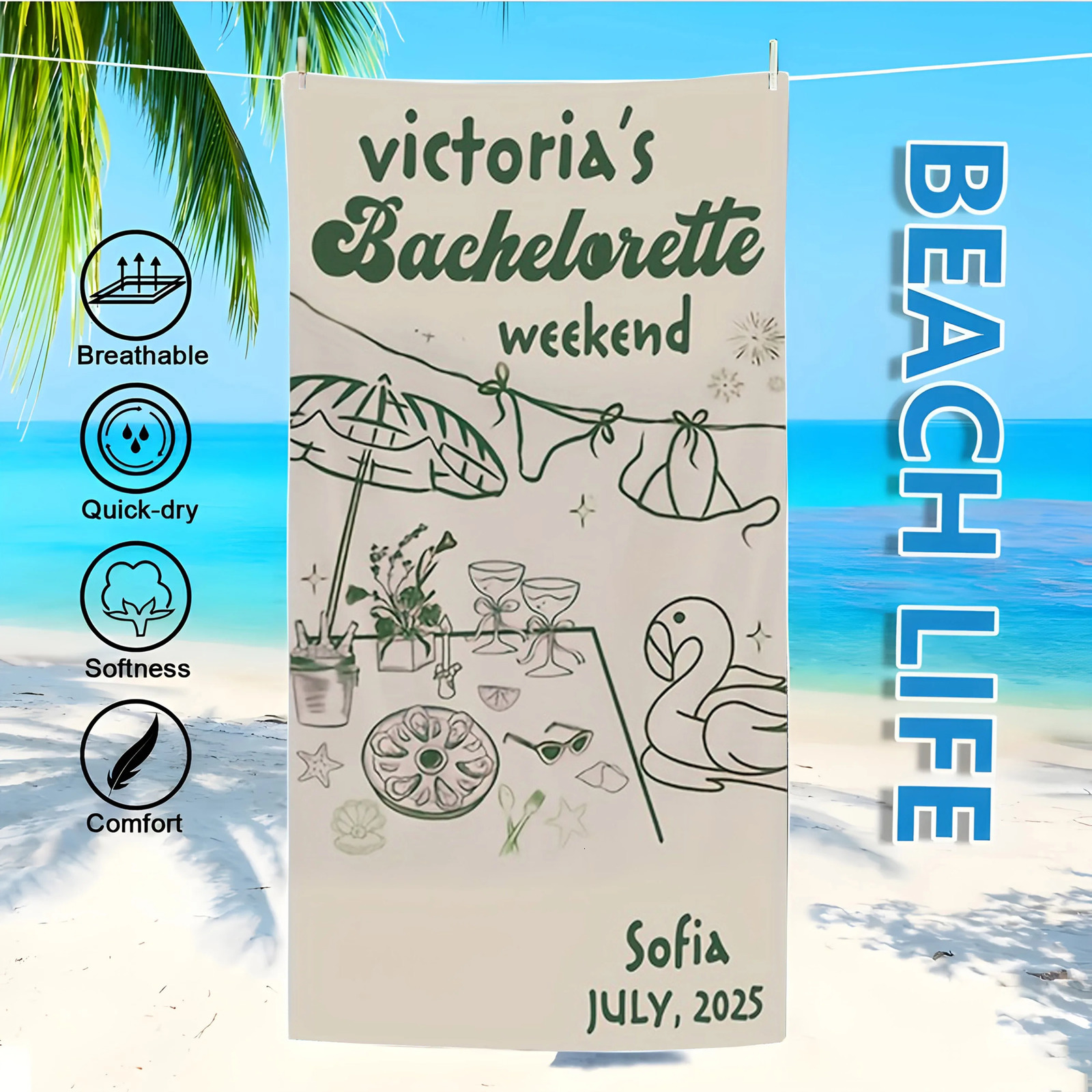 Personalized Beach Towel Custom Name/ Oversized Microfiber Towel Summer Party Gift for Beach Swimming Yoga Bath Sports 260622 - view 7