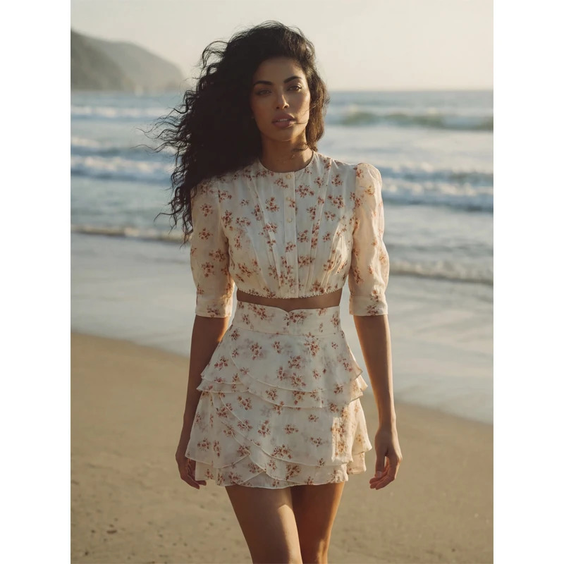 Womens Fashion Print Mini Skirt Set Bubble Sleeves O-neck Crop Top Layered Ruffle Suits 2026 Summer Lady Highstreet Outwear 260618 - view 6