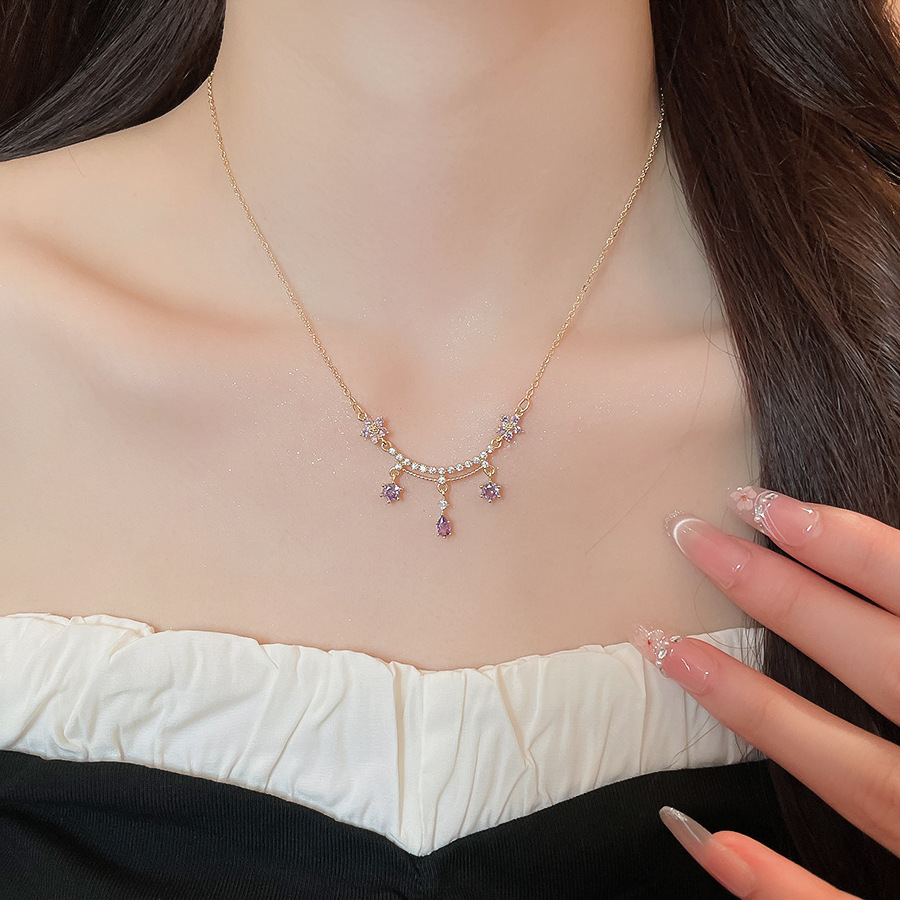 18k real gold plated zircon flower water drop necklace, fashionable and sophisticated collarbone chain, niche exquisite versatile accessory - view 5