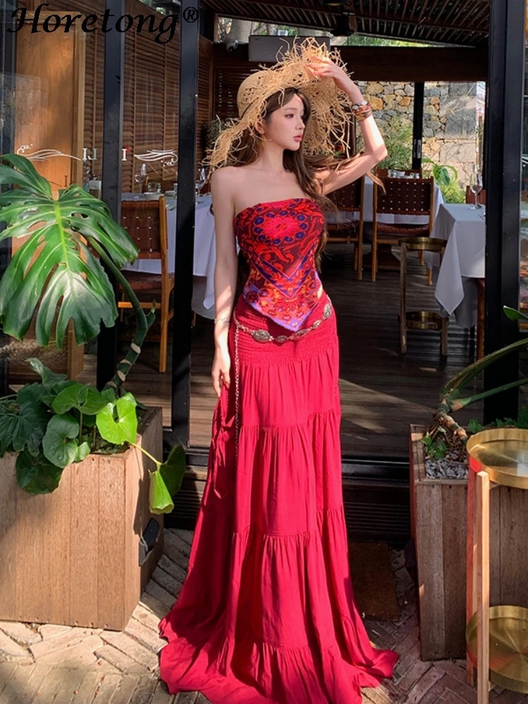 Womens 2 Piece Set Sexy Boho Print Tube Top High Waist Tiered Maxi Skirt Summer Elegant Beach Vacation Flowy Casual Outfit 260618 - view 6