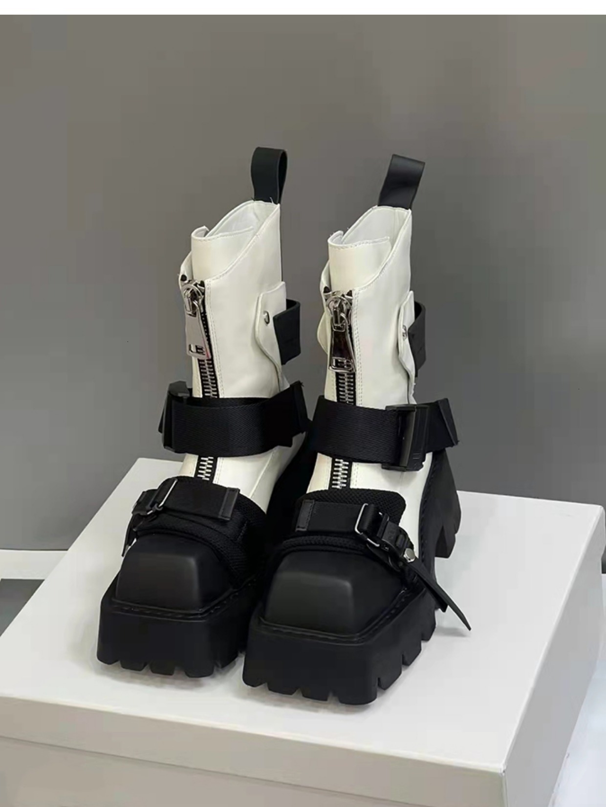 Womens White Black Platform Combat Boots Square Toe Buckle Strap Designer Shoes Side Zipper Chunky Heel Ankle Boots For Streetwear Punk Goth Style - view 6