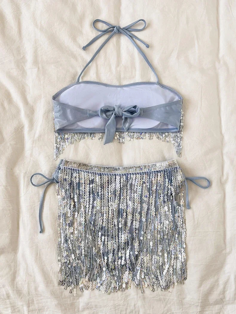 Shiny Glitter Bikini Set Women Sexy Bandeau Push Up Sequin Tassel Swimsuit Ladies Beach Bathing Suit High Waist Swimwear 260622 - view 6