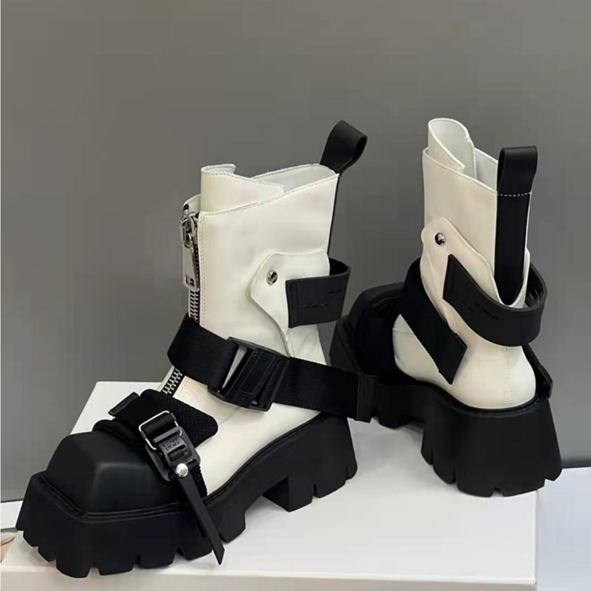 Womens White Black Platform Combat Boots Square Toe Buckle Strap Designer Shoes Side Zipper Chunky Heel Ankle Boots For Streetwear Punk Goth Style - view 3