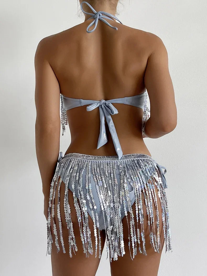 Shiny Glitter Bikini Set Women Sexy Bandeau Push Up Sequin Tassel Swimsuit Ladies Beach Bathing Suit High Waist Swimwear 260622 - view 4