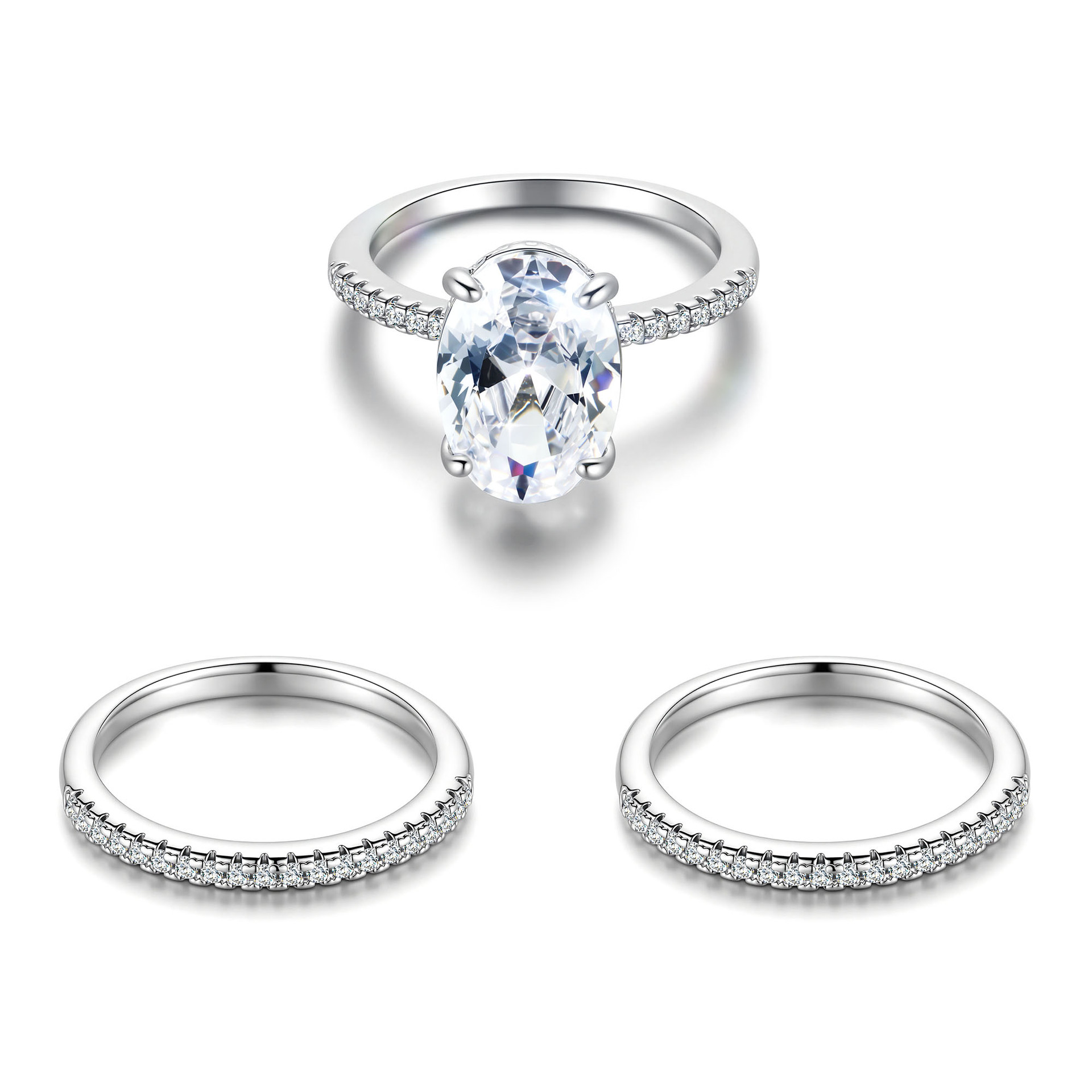 3pcs Wedding Couple Rings Set Sparkling Luxury Jewelry Silver Fill Large Oval Cut 5A Cubic Zirconia CZ Diamond Eternity Party Women Bridal Ring For Lo - view 7