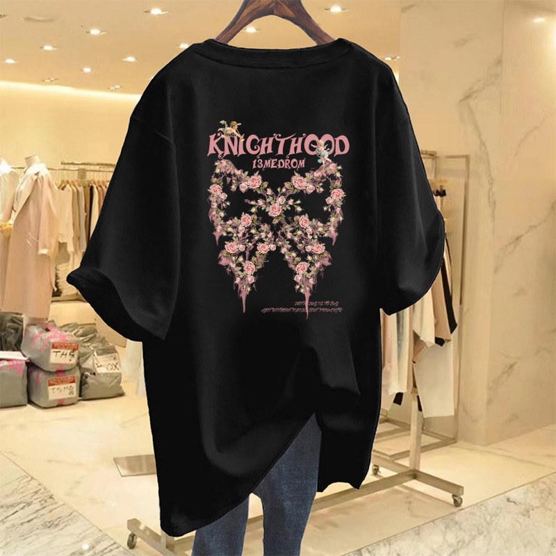 Hip Covering Length Women S Summer White T Shirt Medium Long Loose Plus Size Printed Pure Cotton With Bow Detail