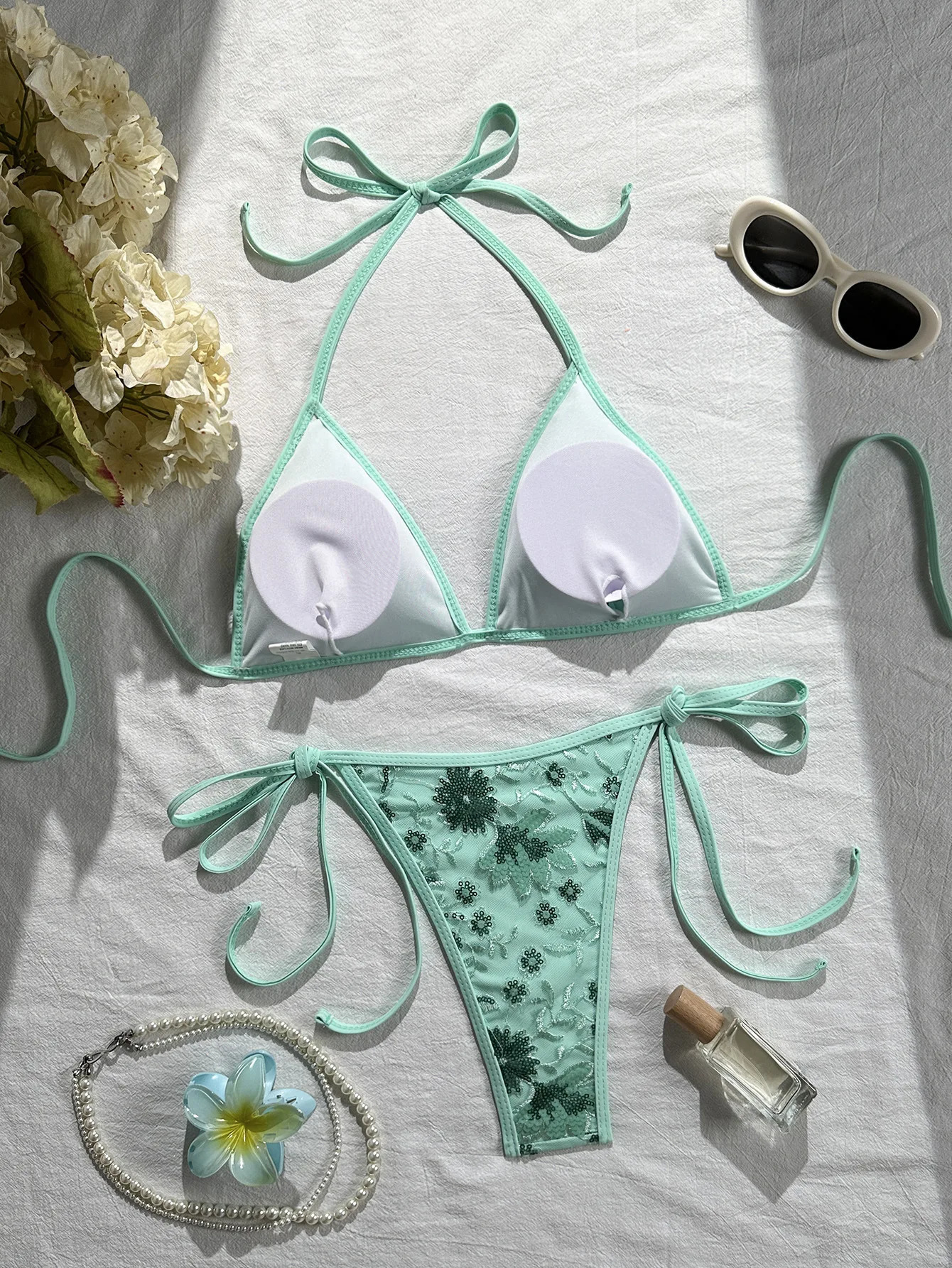 Sexy Shiny Sequin Green Flower Mesh Embroidery Bikini Set 2026 Women Push Up Bra Thong Swimsuit Beach Bathing Suit Mini Swimwear 260622 - view 3