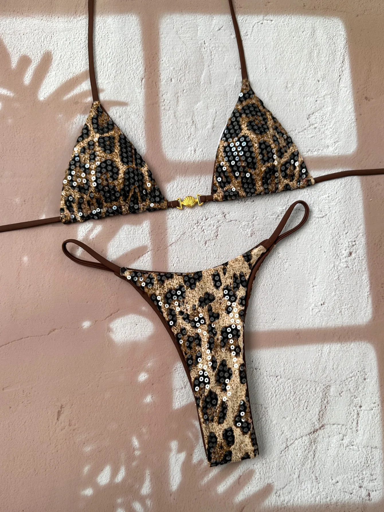 Shiny Sequin Coffee Leopard Print Bikini Set Women Halter Push Up Bra Triangle Swimsuit 2026 Beach Bathing Suit Holiday Swimwear 260622