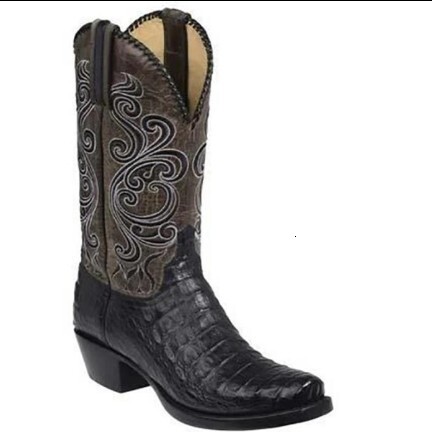 Men Vintage Embroidery Western Cowboy Boots Croc Print Pointed Toe Mid Calf Retro Leather Riding Boots - view 4