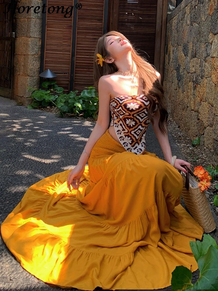 Womens 2 Piece Set Sexy Boho Print Tube Top High Waist Tiered Maxi Skirt Summer Elegant Beach Vacation Flowy Casual Outfit 260618 - view 4