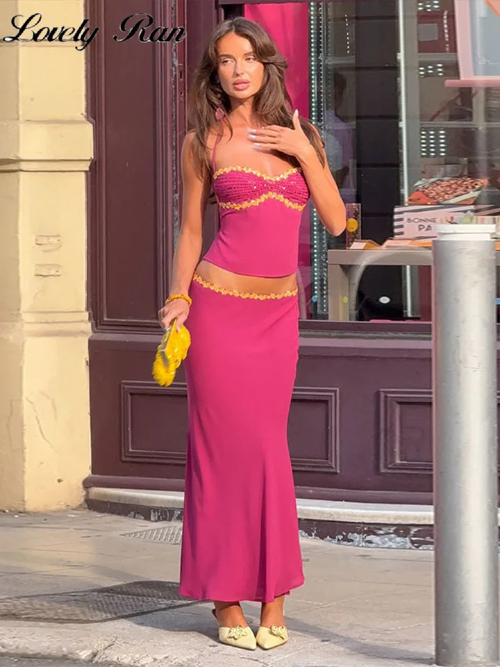Sexy Sequined Top Skirt Women Set Beach Halter Sleeveless Backless Top Hip Package Skirts 2026 Spring Summer Chic Lady Suit 260618 - view 3