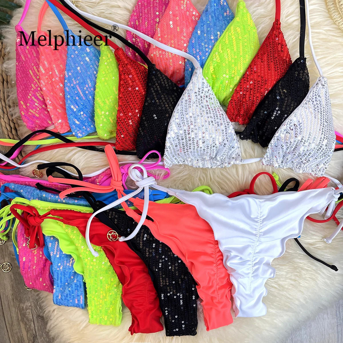 Melphieer Swim 2pcs Womens Summer Beach Holiday Ruching Bum Sequins Sparkle Glitter Plain Halter Strap Bikini Swimwear Set 260622 - view 7
