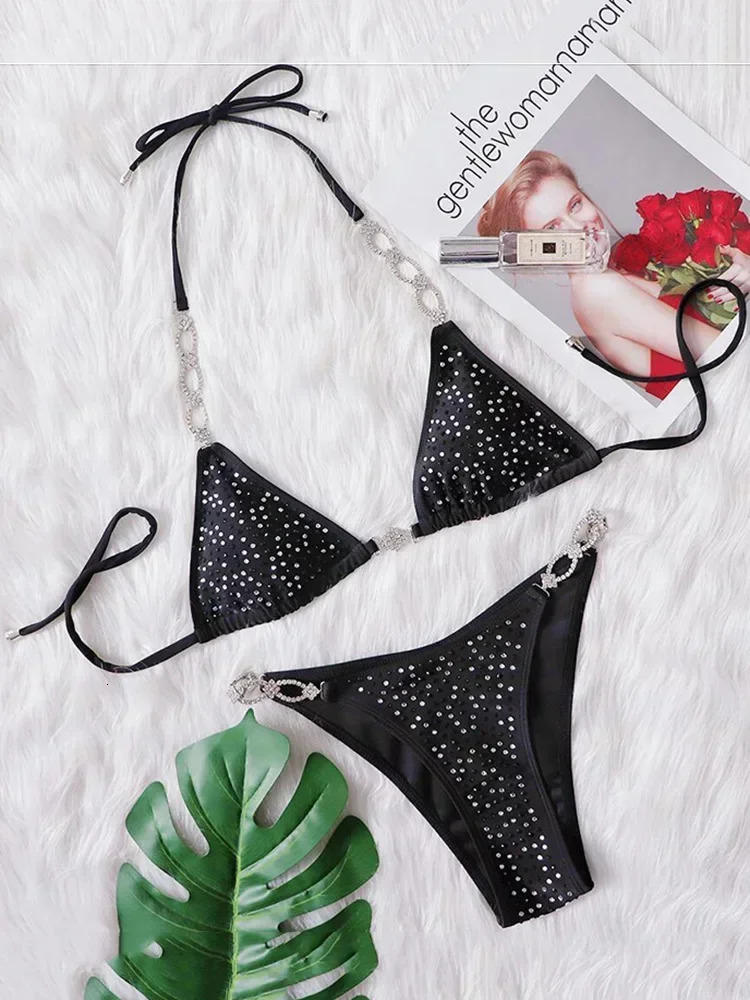 Shiny Sequins Rhinestone Bikini Women Swimwear Female Swimsuit Two-pieces Bikini set Metal Chain Halter Bather Bathing Suit Swim 260622 - view 3