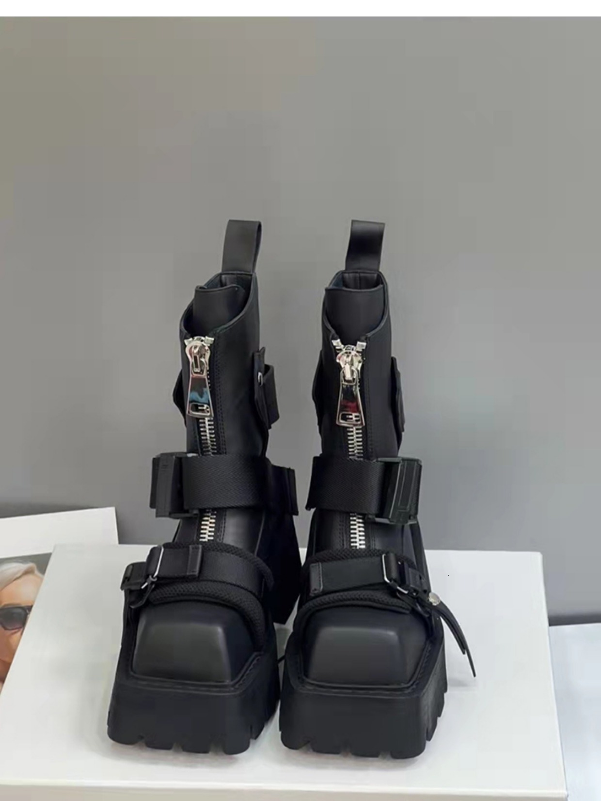 Womens White Black Platform Combat Boots Square Toe Buckle Strap Designer Shoes Side Zipper Chunky Heel Ankle Boots For Streetwear Punk Goth Style - view 7