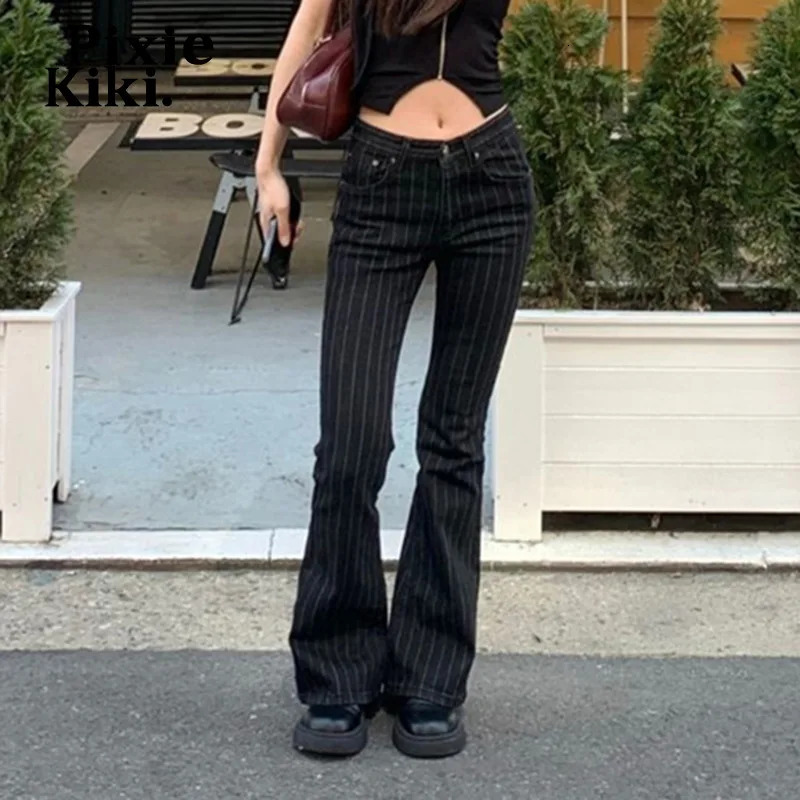 PixieKiki 2000s Clothes Y2k Low Rise Boot Cut Jeans Woman Casual Black Striped Denim Trousers Streetwear Flare Pants P77-FC43 260624 - view 3