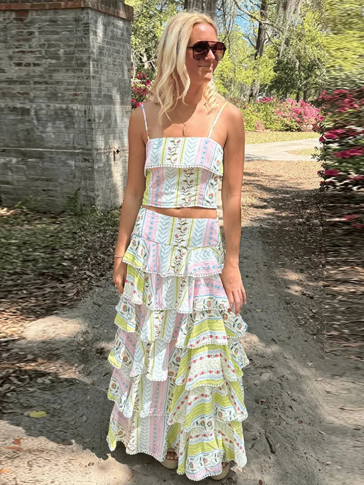 Vacation Floral Printed Cascading Ruffle Skirt Sets Women Sleeveless Sling Top Cake Long Skirts 2026 Summer Holiday Sweet Outfit 260618 - view 3