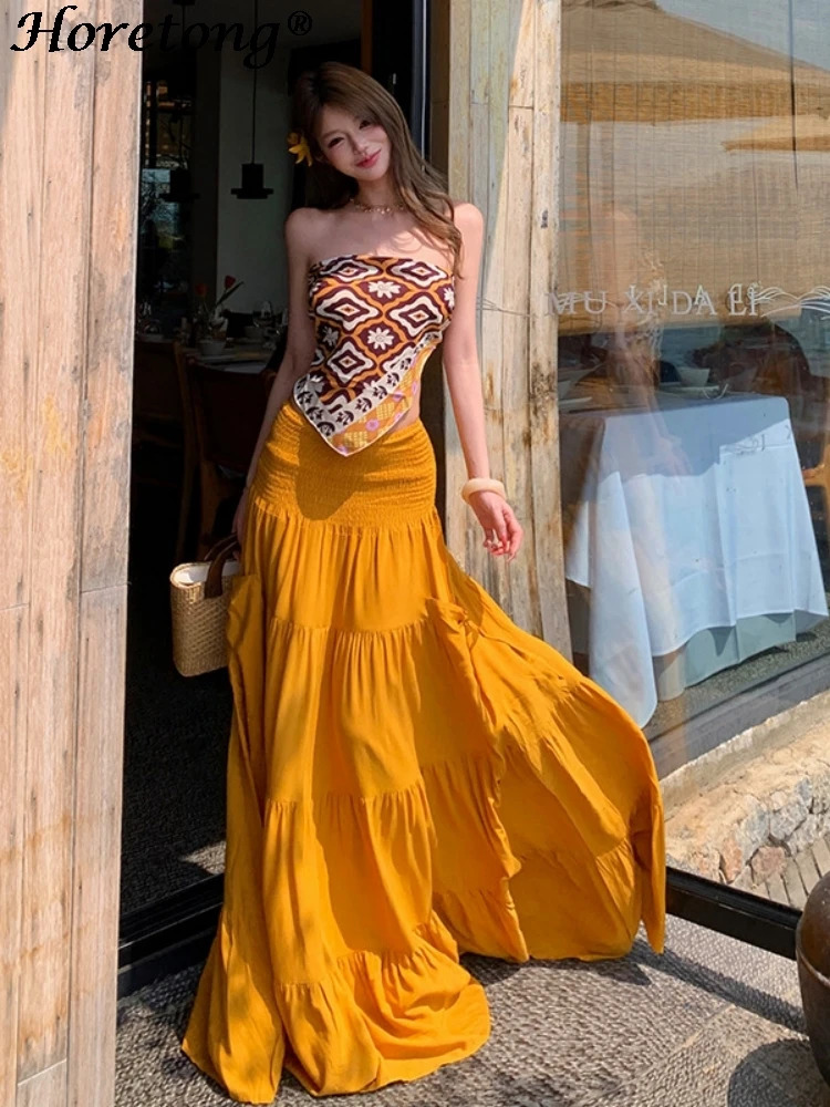 Womens 2 Piece Set Sexy Boho Print Tube Top High Waist Tiered Maxi Skirt Summer Elegant Beach Vacation Flowy Casual Outfit 260618