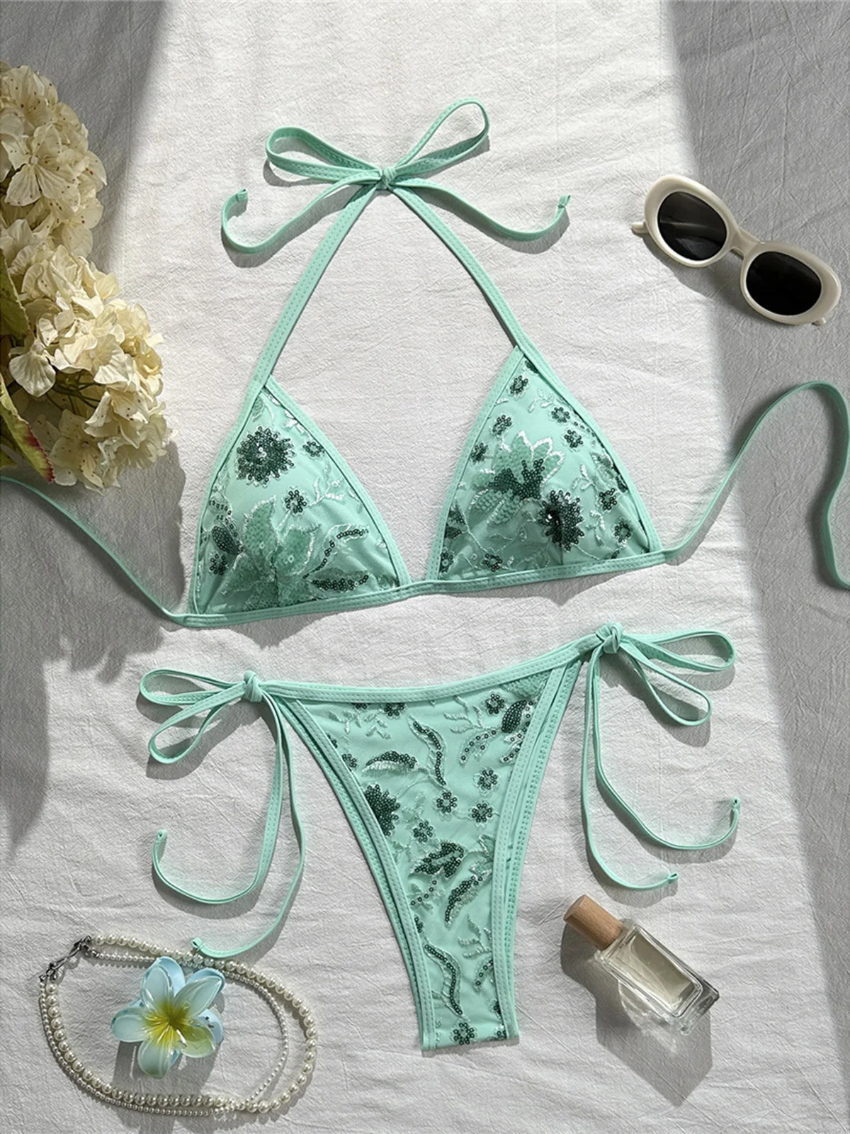 Printed Sequins Halter Bikini Women Swimwear Female Swimsuit High Leg Cut Bather Bathing Suit Swim Two-pieces Bikini set K8237 260622 - view 4