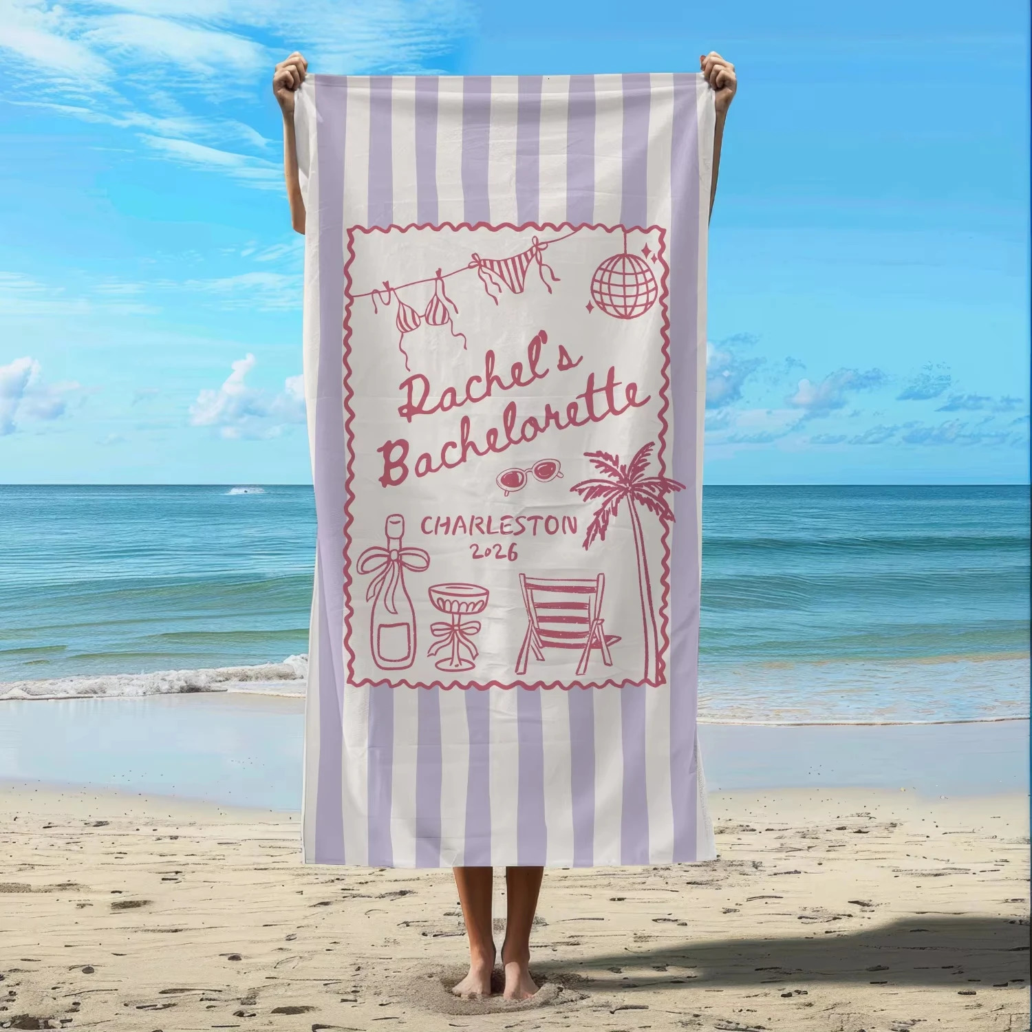 Pink Stripe Beach Towel for Women Cute Coastal Party Bachelorette Summer Gym Sports Swimming Towel 260622