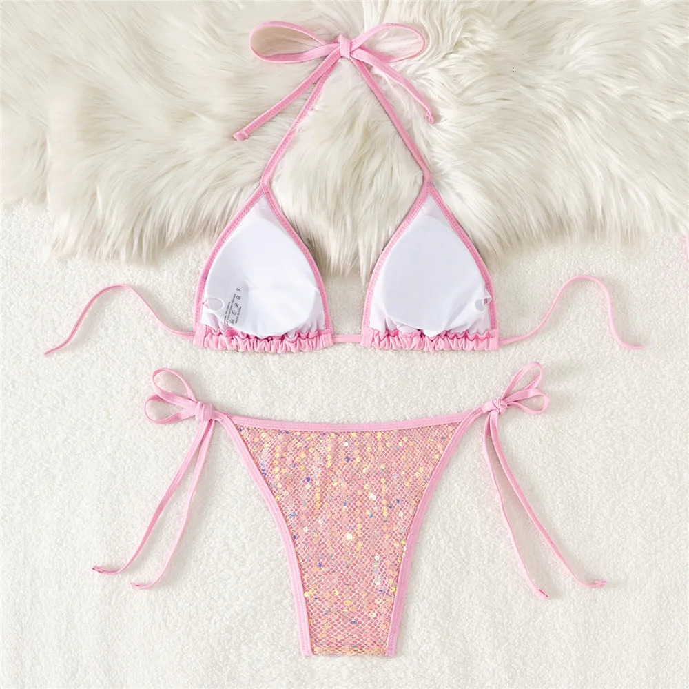 Pink Mesh Sequin Halter String Triangle Bikini Damen Micro Thong Sexy Swimsuit Women 2026 Bathing Suits Swimwear Bikinis Sets 260622 - view 3