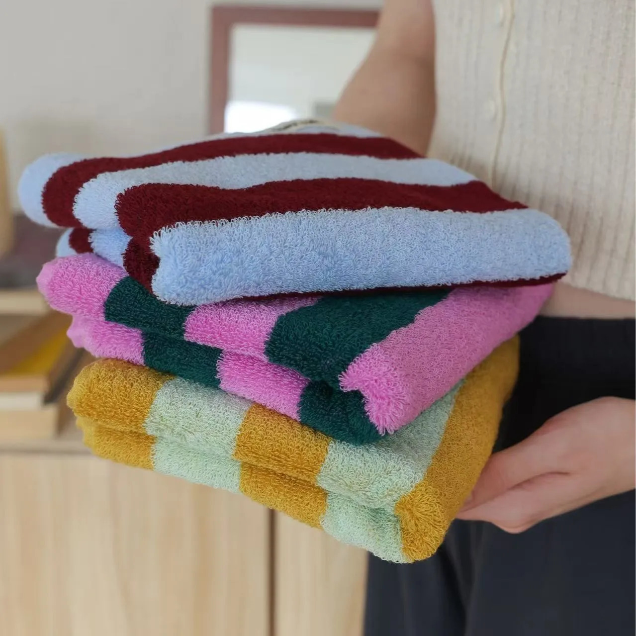 Retro Striped Pure Cotton Towels Soft Combed Cotton Color Blocked Wash Towel Adult Absorbent Bath Towel Beach Towel el Towels 260622 - view 1