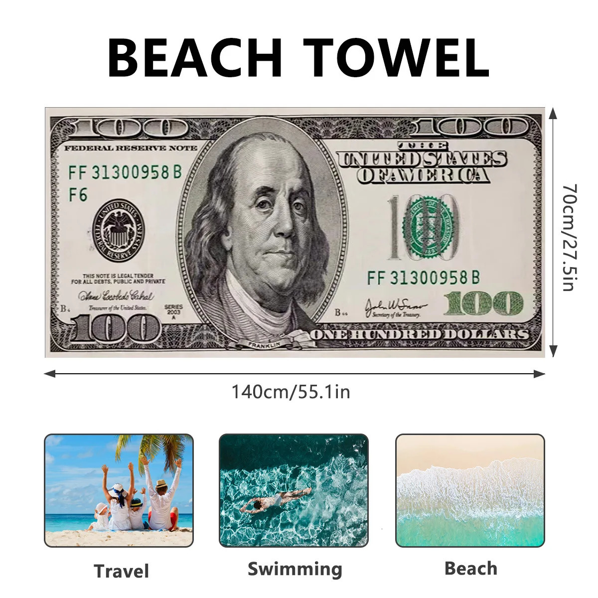 70x140cm European and American dollar beach towels digital printed large towels bath towels ultra-fine fiber absorbent towels 260622