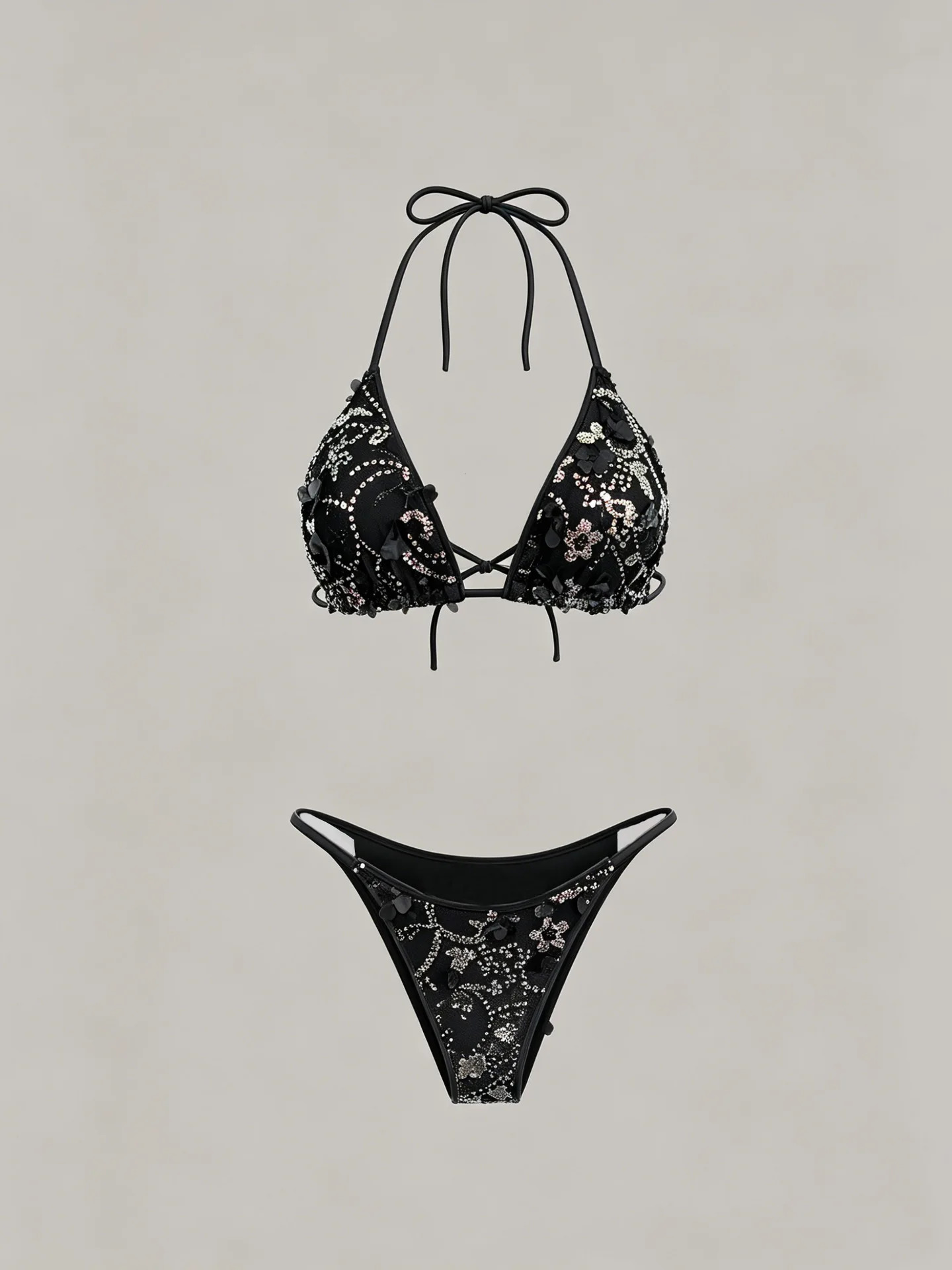 Shiny Sequin Black White Bikini Set Women Push Up Bra 3D Mesh Floral Cover Up 3 Piece Thong Swimsuit Beach Bathing Suit Swimwear 260622 - view 4