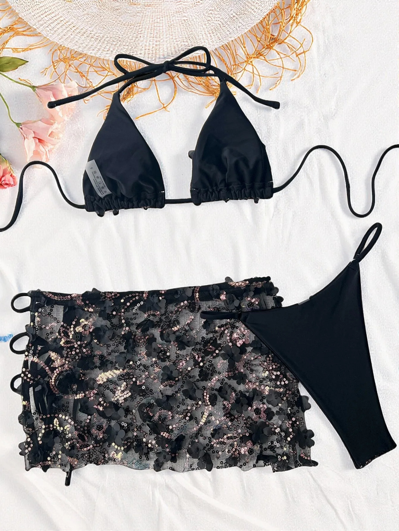 Shiny Sequin Black White Bikini Set Women Push Up Bra 3D Mesh Floral Cover Up 3 Piece Thong Swimsuit Beach Bathing Suit Swimwear 260622 - view 3