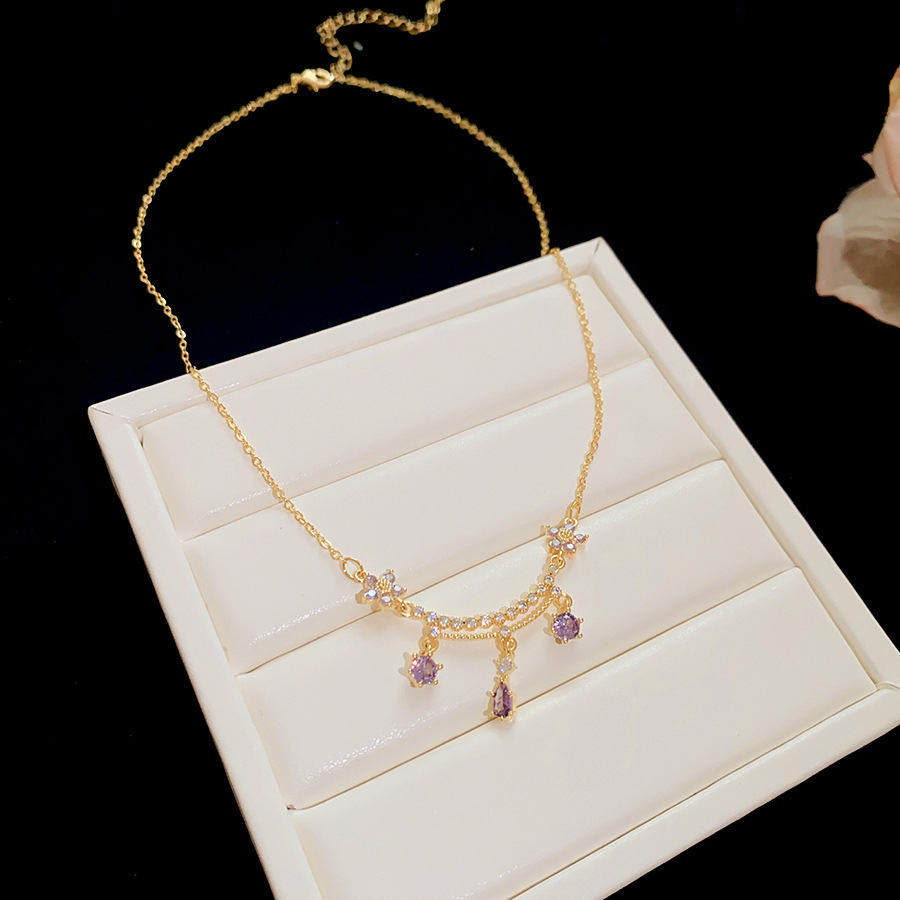 18k real gold plated zircon flower water drop necklace, fashionable and sophisticated collarbone chain, niche exquisite versatile accessory - view 8