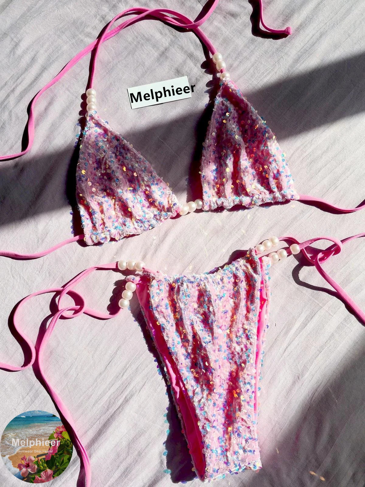 Melphieer Glitter Sequin Bikinis Women 2pcs Bikini Set Luxe Swimsuit Ties Swimwear Biquini Maillot De Bain Swimming Bathing Suit 260622