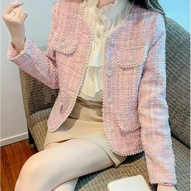 Advanced Women O-Neck Tweed Coat Korean Female Fashion Leisure Short Jacket Autumn Winter Ladies Long Sleeves Outwear Tops 260618